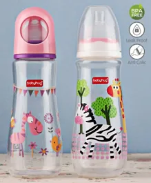 Babyhug Feeding Bottle Animal Print Pink And White Pack of 2 - 250 ml each