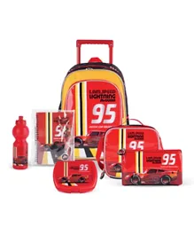 Disney Cars Lightning McQueen 6-in-1 Trolley Backpack Set for Kids with Lunch Bag, Pencil Case & Accessories