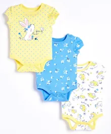 Babyoye Cotton Short Sleeves Onesie Floral Print Pack of 3 - Yellow Blue