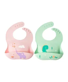 Pixie Waterproof Silicone Bibs Pack of 2 Dinosaur & Elephant - Multicolour