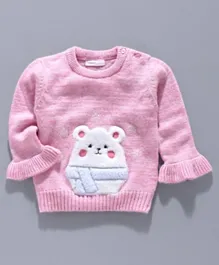 Babyoye Circular Flounce Sleeves Sweater Bear Embroidery - Pink