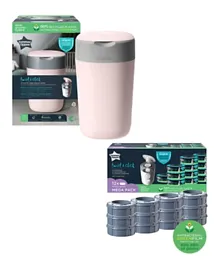 Tommee Tippee Twist & Click Nappy Disposal Sangenic Bin (With 1 Preloaded Cassette) + 12 Extra Cassettes - Pink