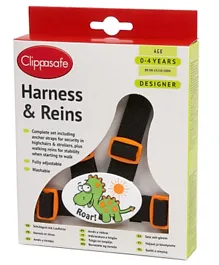 Clippasafe Designer Dinosaur Harness & Reins with Anchor Straps - Black Orange