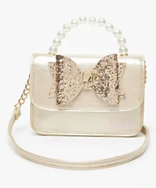 Barbie Bow Embellished Crossbody Bag with Pearl Handle and Magnetic Button Closure, Chic, Sleek & Elegant, 5 Years+ - Gold
