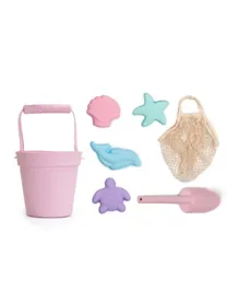 Cherubbaby Silicone Scrunch Beach Toys - Bucket, Spade & Mould Set with Cotton Mesh Tote - Blush