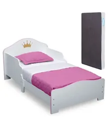 Delta Children Princess Crown Wooden Toddler Bed with Twinkle Toddler Mattress - White and Pink