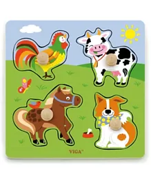 Viga Wooden Big Wooden Knob Puzzle Farm Animals - Multicolour