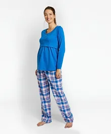 JoJo Maman Bebe 2 Piece Check Maternity Top And Pyjamas Set - Blue