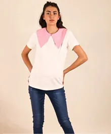 Oh9shop Celia T-Shirt with Pink Collar - White