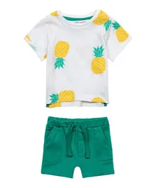 Minoti Pineapple Printed T-Shirt & Fleece Shorts Set - White & Green