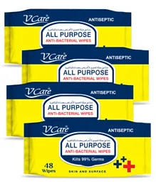 V Care All Purpose Anti - Bacterial Wipes Pack of 4 - 192 Wipes