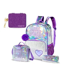 Eazy Kids Girl Power School Bag Kit with Lunch Bag, Pencil Case, Lunch Box, Lunch Bag, and Cutlery, 5 Years+, Purple - 18 Inch