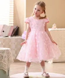 Le Crystal Sequins Embellished & Floral Applique Cap Sleeves Party Dress - Pink