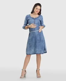 House of Napius Fashionable Maternity Denim Dress with Balloon Sleeves - Blue