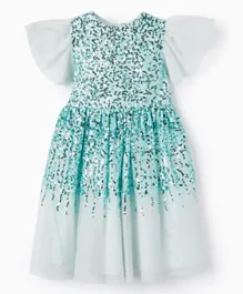 Zippy Embellished with Tulle and Sequins Dress - Turquoise