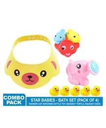 Star Babies Bath toy Set  of 4 (Shower cap, Watering kettle toy, Fish , Duck) -Multicolour