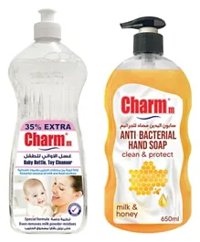 Charmm Combo Baby Bottle & Toy Cleanser of 1 Litres + Milk & Honey Antibacterial Hand Soap of 650ml - Pack of 2