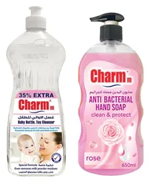 Charmm Combo Baby Bottle & Toy Cleanser of 1 Litres + Rose Antibacterial Hand Soap of 650ml - Pack of 2