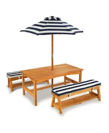 KidKraft Outdoor Table & Bench Set With Cushions & Umbrella - Beige & Blue