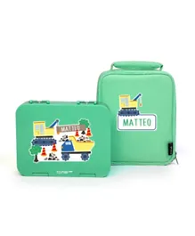 ESSMAK Personalized Construction Crazy Bento Pack - Green, Leakproof 6-Compartment Lunch Box & Cooler Bag Set, 3 Years+