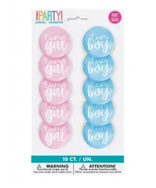 Unique Team Boy or Girl Gender Reveal Badge Pack of 10 - Pink & Blue