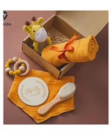Let's Make Baby & Mother New Born Baby Gift Set of 4 – Yellow Giraffe Crochet Teether 1 Brush 1 Bib 1 Wrap