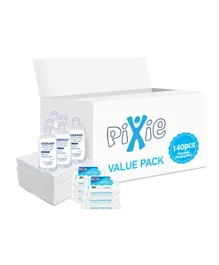 Pixie Disposable Changing Mats 140 + Water Wipes 216 Pieces + Vibrant Sanitizers 100ml x 6 - Value Pack