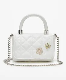 Little Missy Quilted and Embellished Satchel Bag with Chain Strap - White