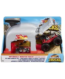 Hot Wheels Monster Trucks Pit And Launch Bone Shaker Playset - Red Black