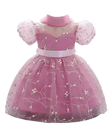 Babyqlo Balloon Sleeves Embroidered Dress - Pink
