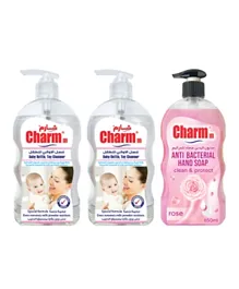 Charmm Combo of 2 Baby Bottle & Toy Cleanser of 650ml each + Rose Antibacterial Hand Soap of 650ml - Pack of 3