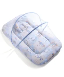Babyhug All Over Printed Bedding Set with Mosquito Net - Blue