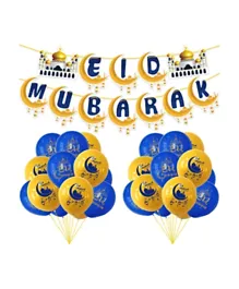 Party Propz Eid Mubarak Banner With Eid Mubarak Balloons Gold & Blue - Set of 21