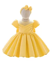Babyqlo Solid Pleated Party Dress with Headband - Yellow