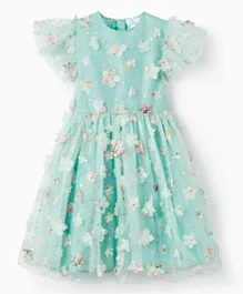 Zippy Embellished with Tulle & 3D Flowers Dress - Green