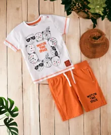 Victor and Jane Bear Graphic T-Shirt & Shorts Set - White & Orange