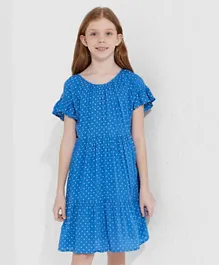 Neon Polka Dot Tiered Dress - Blue