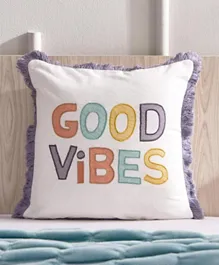 HomeBox Playland Good Vibes Printed Embroidered Cotton Filled Cushion with Frill