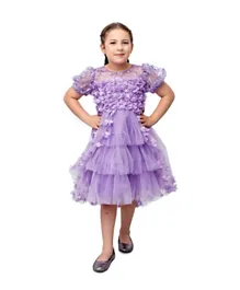 Babyqlo Flower Applique & Embroidered Long Tail Party Dress - Purple
