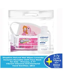 Vibrant School Hygiene kit 1 Hand Sanitizer 60ml + 1 Reusable Cloth Face Mask for Kids + 10 Wet Wipes - Multicolor