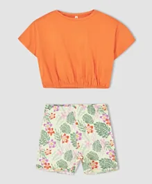 DeFacto Round Neck Top with Shorts Set - Orange