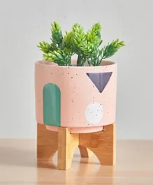 حامل نباتات سيراميك مطلي يدوياً بتصميم تجريدي هوم بوكس كوين مع قاعدة خشبية