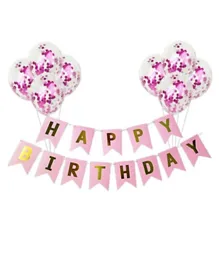 Highland Pink Happy Birthday Banner & Confetti Balloon Set - Set of 9