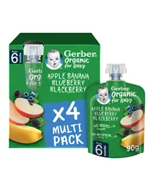 Gerber Organic Apple, Banana, Blueberry & Blackberry Baby Puree Pack of 4 - 90g Each