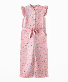 Jelliene All Over Floral Print Tie Belt Detail Frilled Jumpsuit - Pink