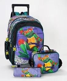 Ninja Turtle Printed Trolley Backpack + Lunch Bag + Pencil Case Set Blue - 18 Inches