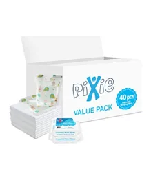 Pixie 40 Disposable Changing Mats with 60 Pixie Breast Pad & 72 Water Wipes - Value Pack