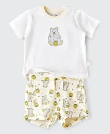 Tiny Hug Bear Patched & Printed T-shirt & Shorts Set - White & Yellow