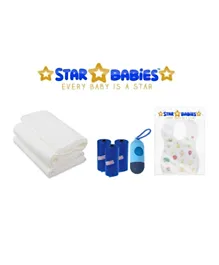 Star Babies Baby Essentials Bibs 10 Pieces + Scented Bag 3 Pieces + Towel 3 Pieces Combo Pack - White & Navy Blue