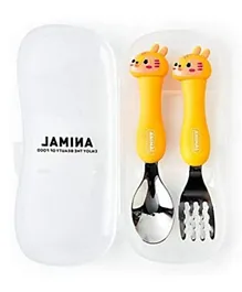 Brain Giggles Kids Stainless Steel 2 pcs Animal Tableware Spoon and Fork with Travel Case - Yellow